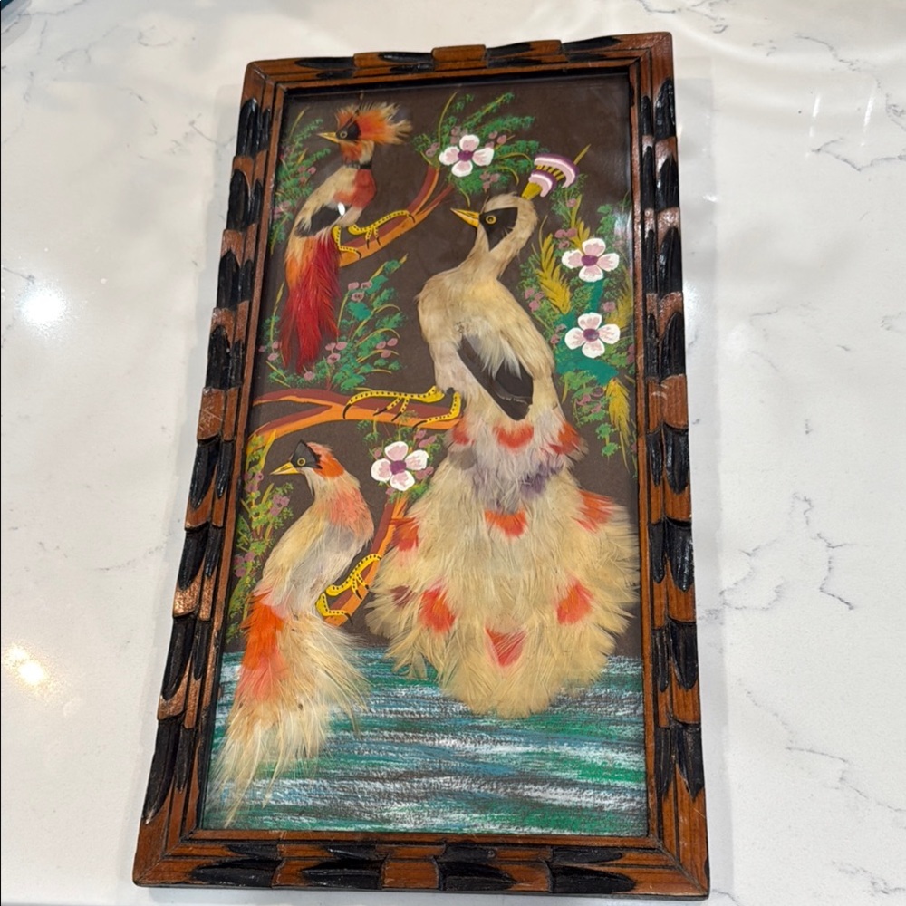 1950’s Mexican Feather Art Picture with Birds in wooden frame